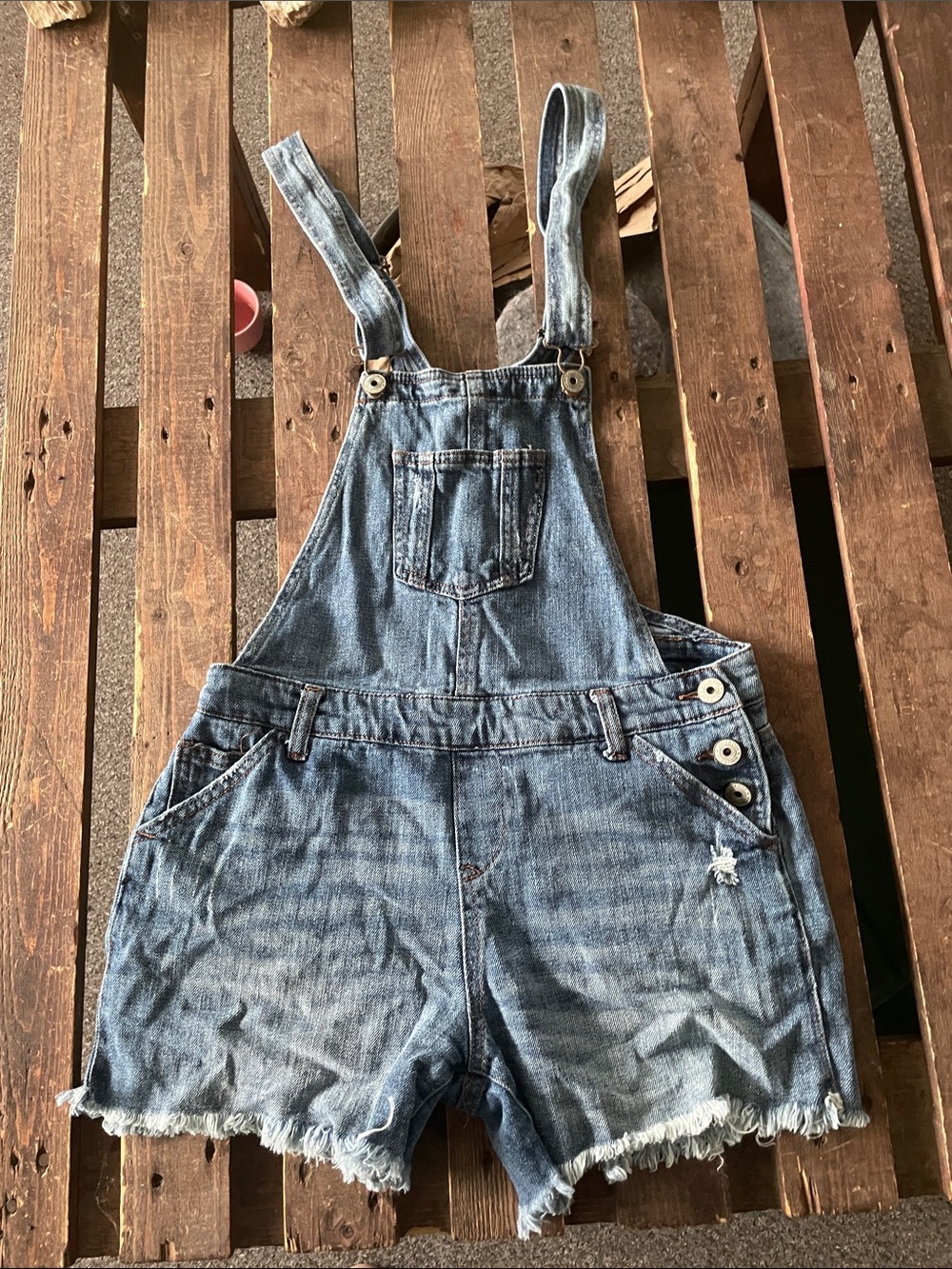 Vanilla Star Distressed Blue Denim Short Overalls
